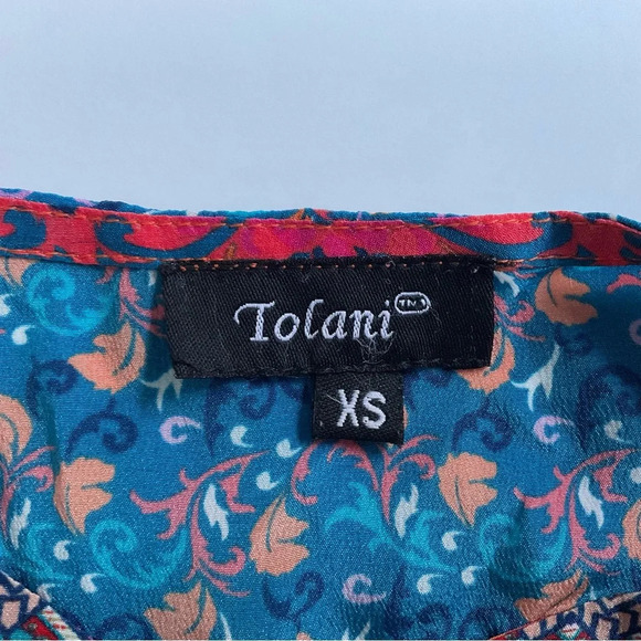 Tolani 100% Silk Top XS Multicolor Popover Peasant Tunic Tie Front Boho Flowy - Picture 3 of 9